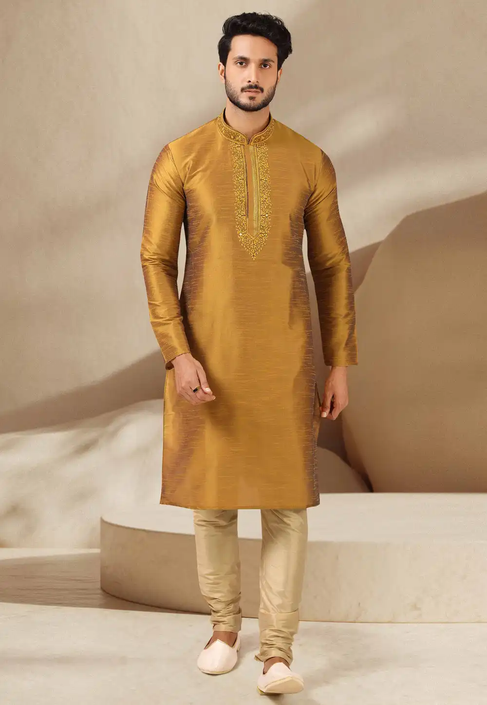 Mustard Banarasi Kurta Pajama 244714