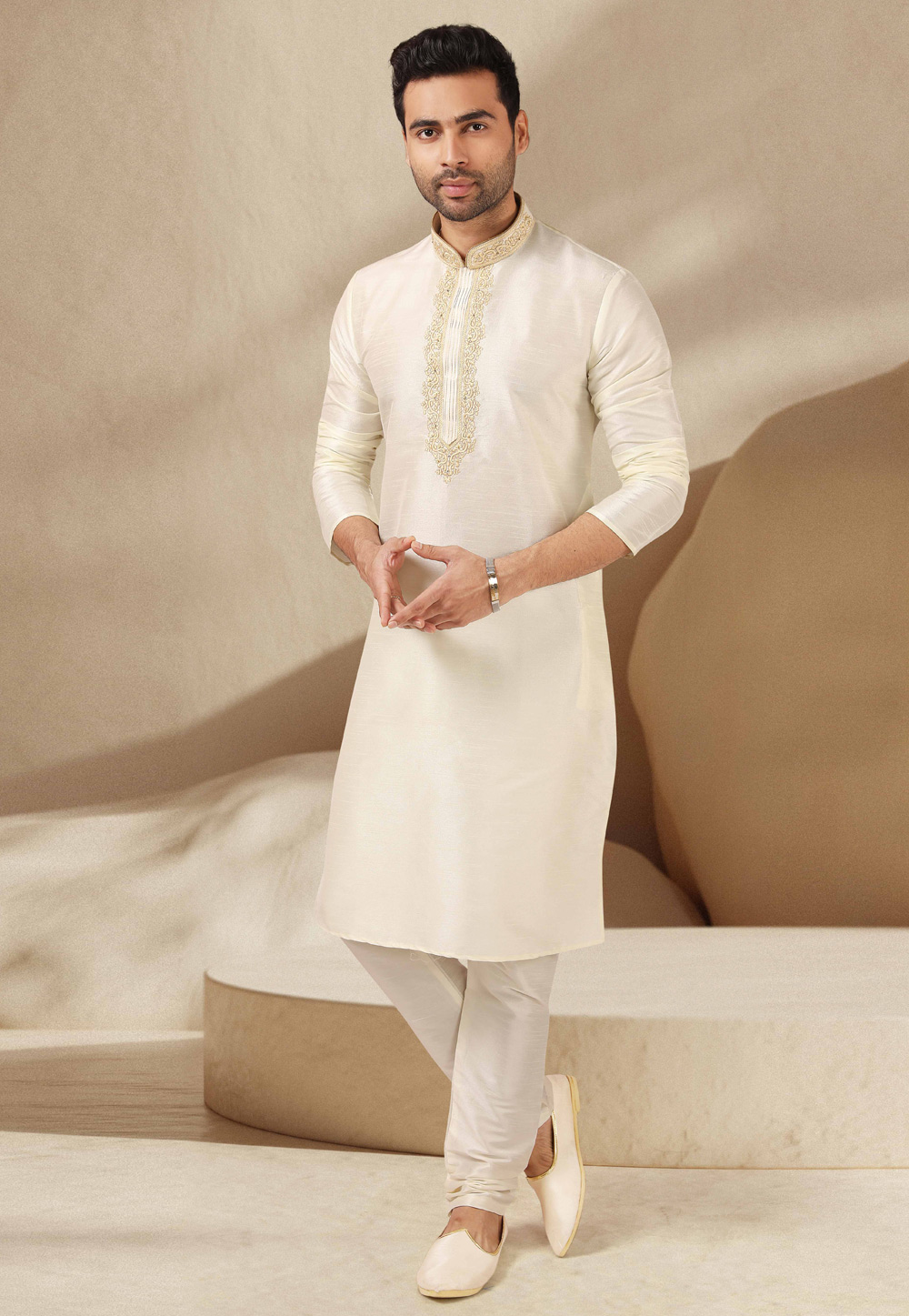 Off White Banarasi Kurta Pajama 244730