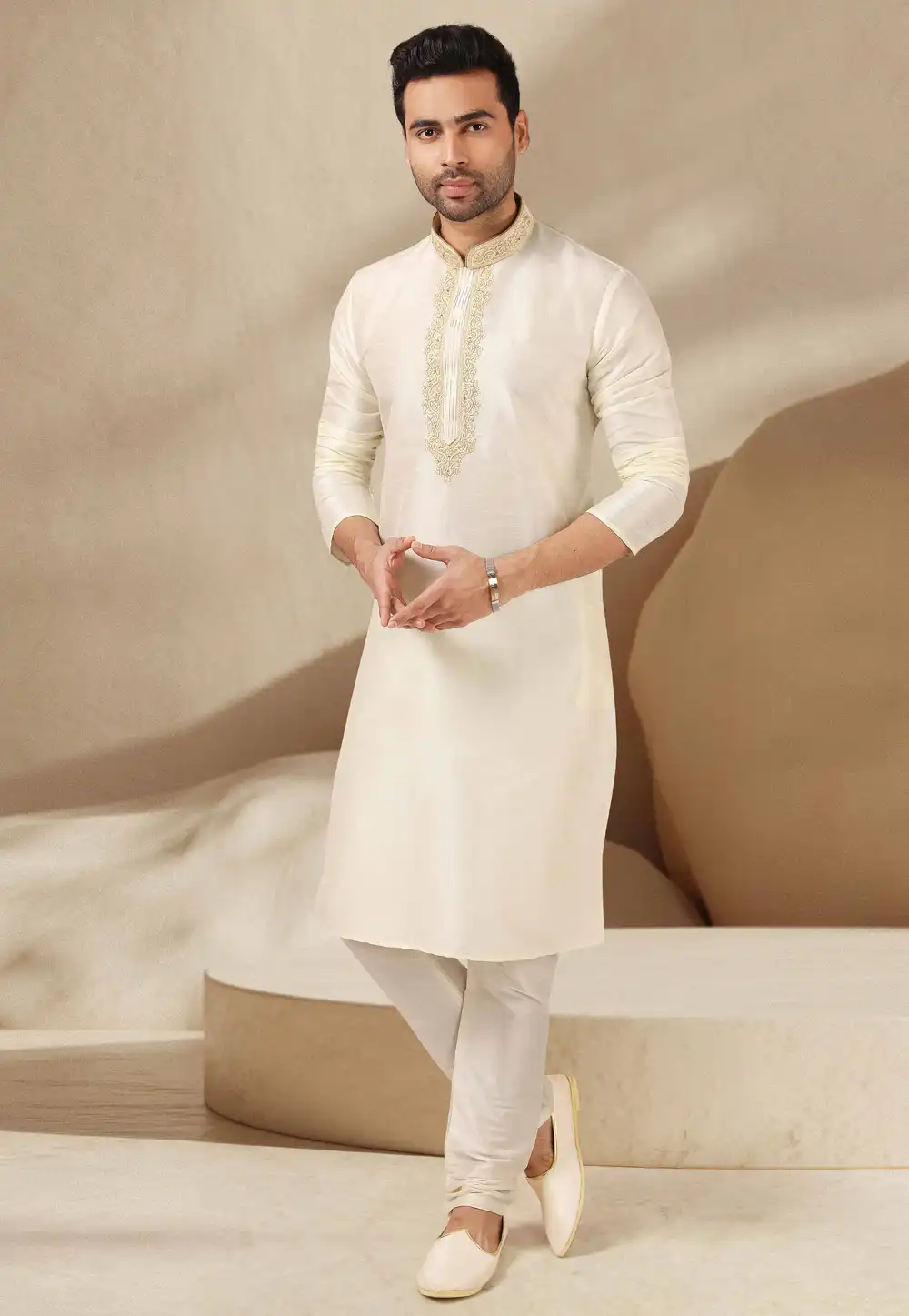 Off White Banarasi Kurta Pajama 244730