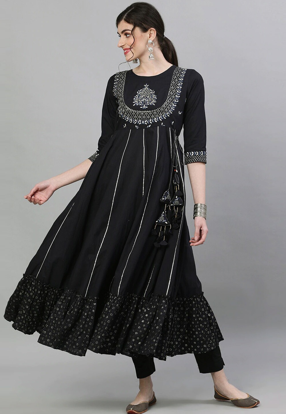 Black Cotton Long Kurti 244933
