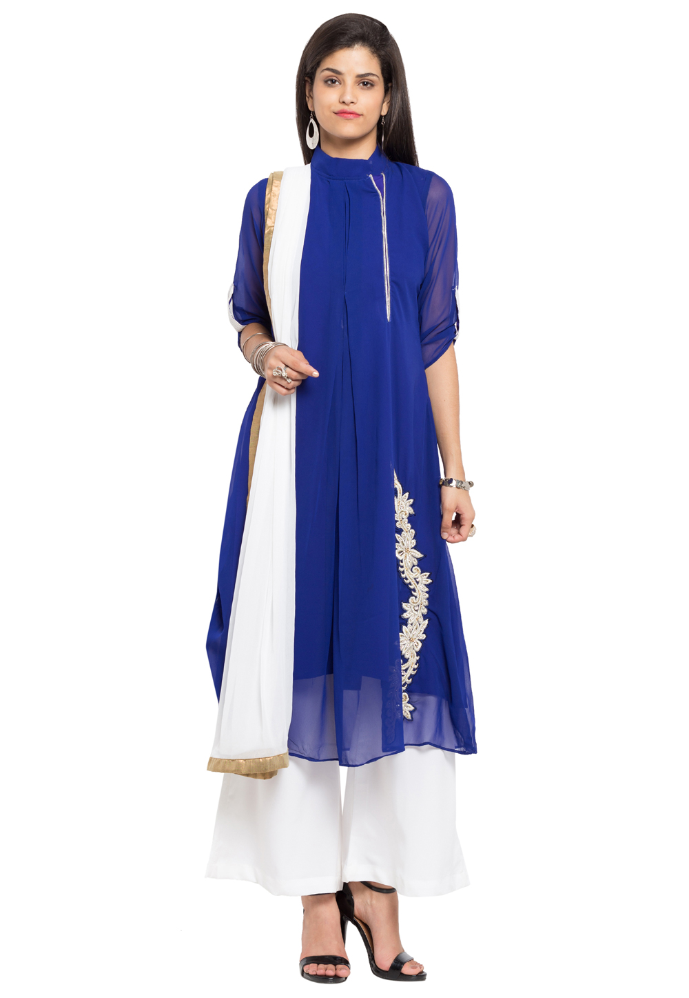 Blue Faux Georgette Readymade Palazzo Suit 230317