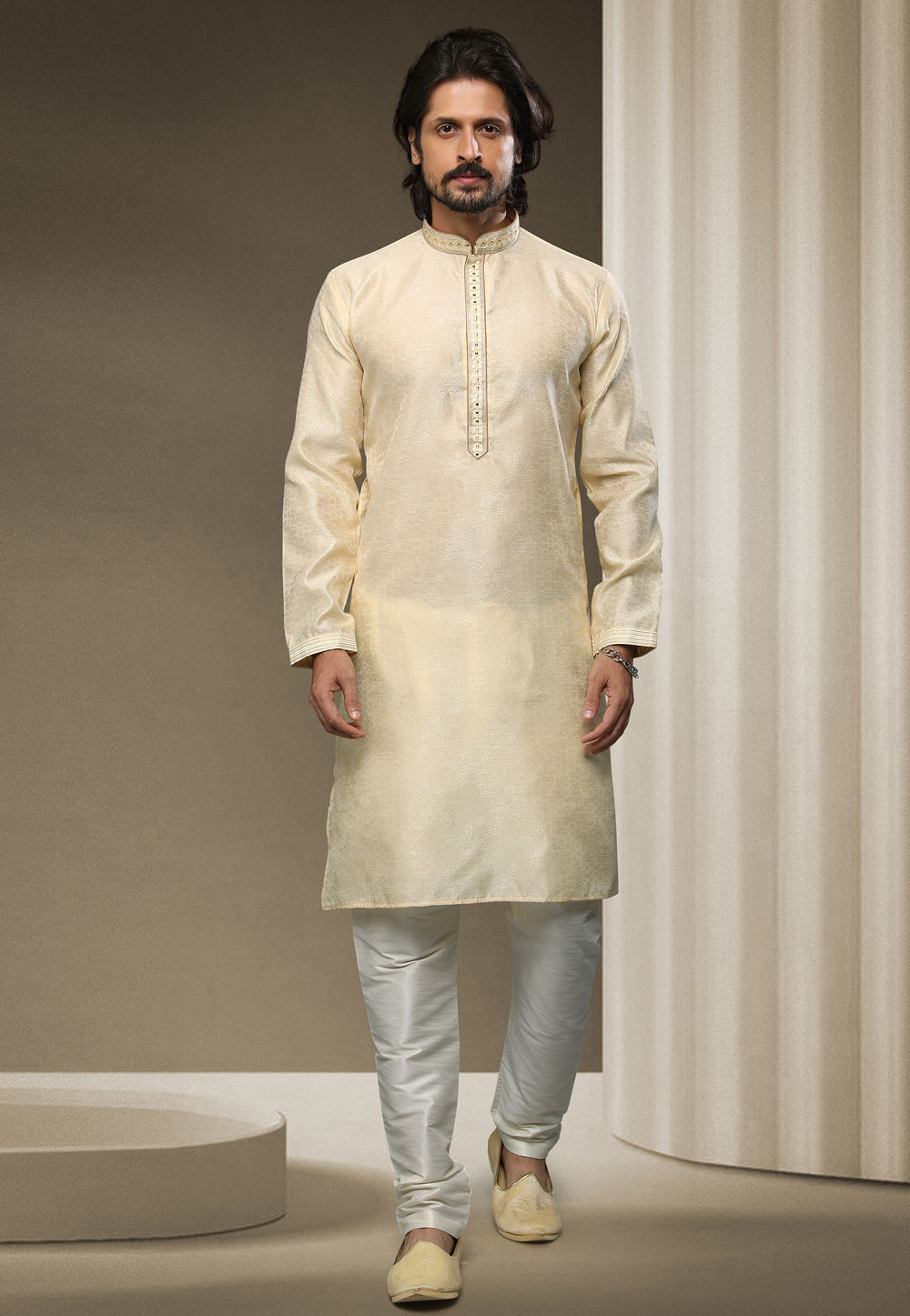 Beige Jacquard Silk Kurta Pajama 247970
