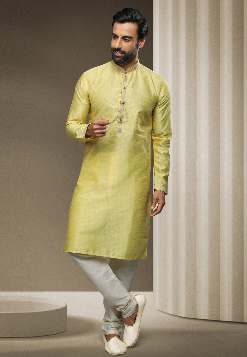 Yellow Jacquard Silk Kurta Pajama 247978