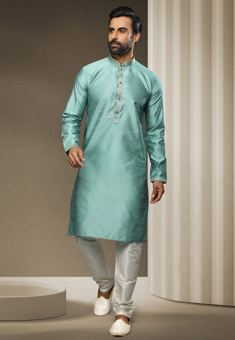 Sea Green Jacquard Silk Kurta Pajama 247980