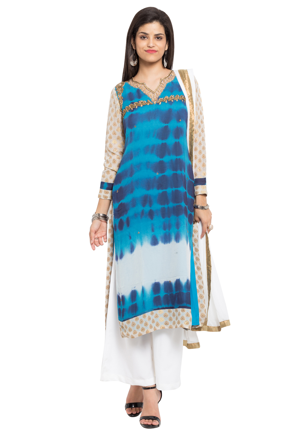 Sky Blue Faux Georgette Readymade Palazzo Suit 230319