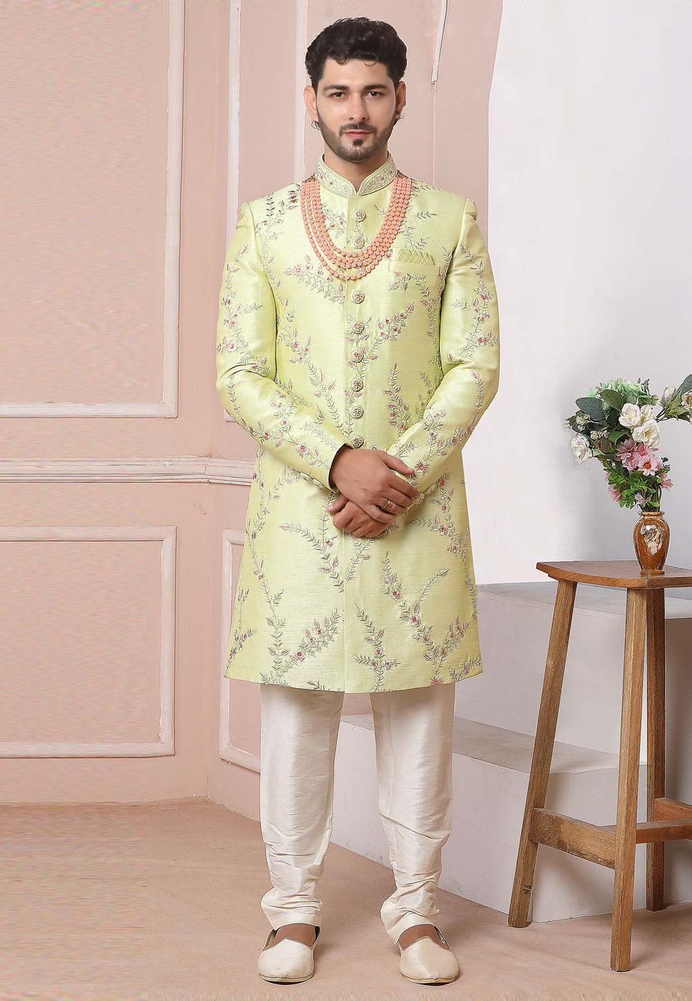 Pista Green Art Silk Indo Western Sherwani 247987