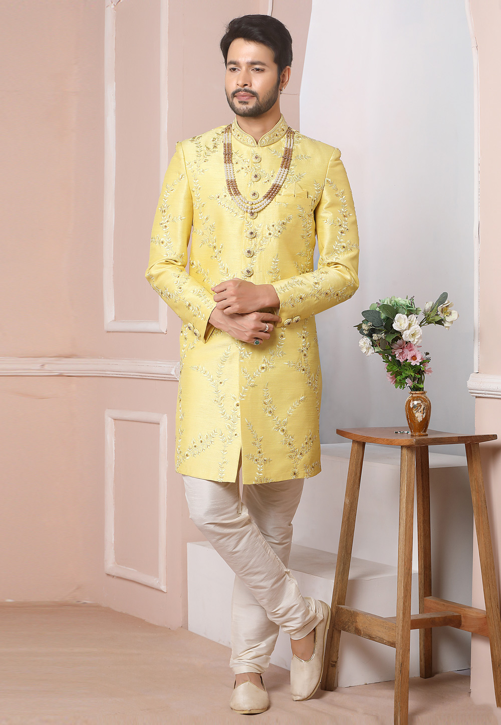Yellow Art Silk Indo Western Sherwani 247988