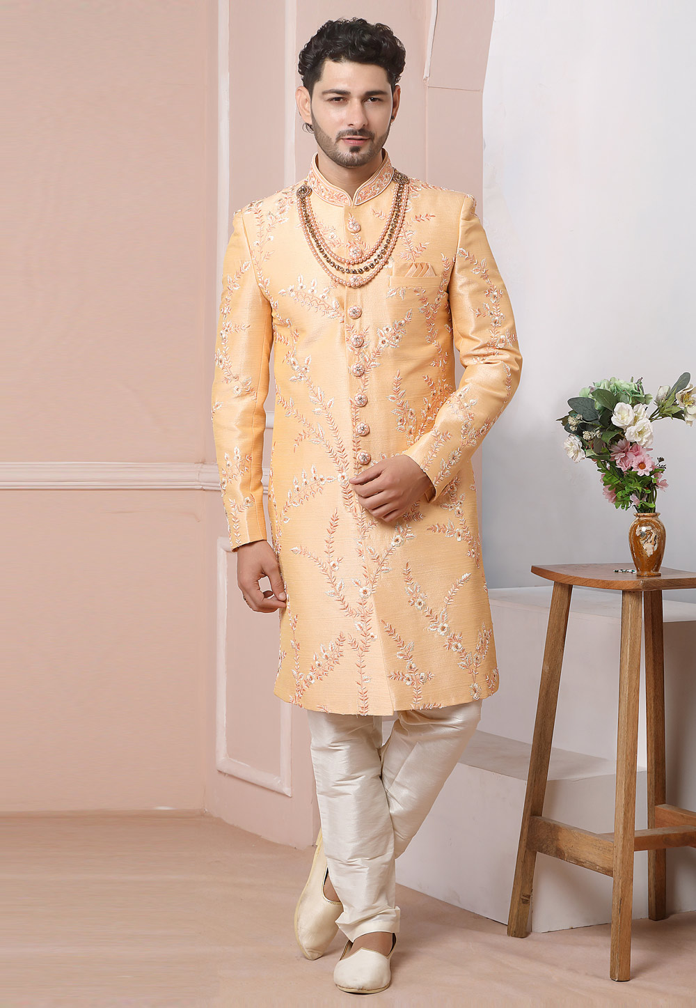 Peach Art Silk Indo Western Sherwani 247989
