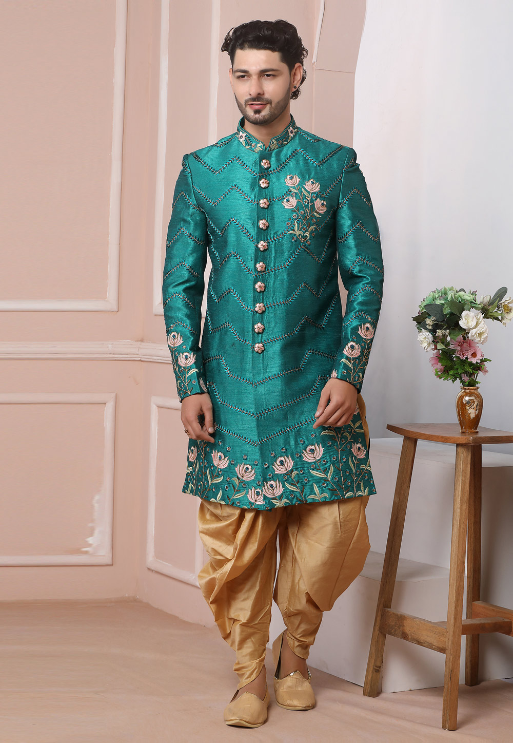 Teal Art Silk Indo Western Sherwani 247990