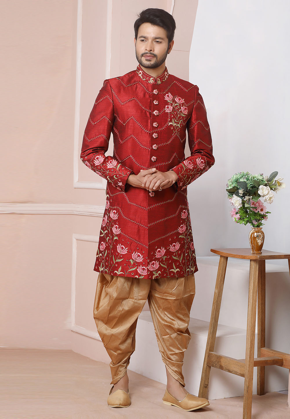 Maroon Art Silk Indo Western Sherwani 247991