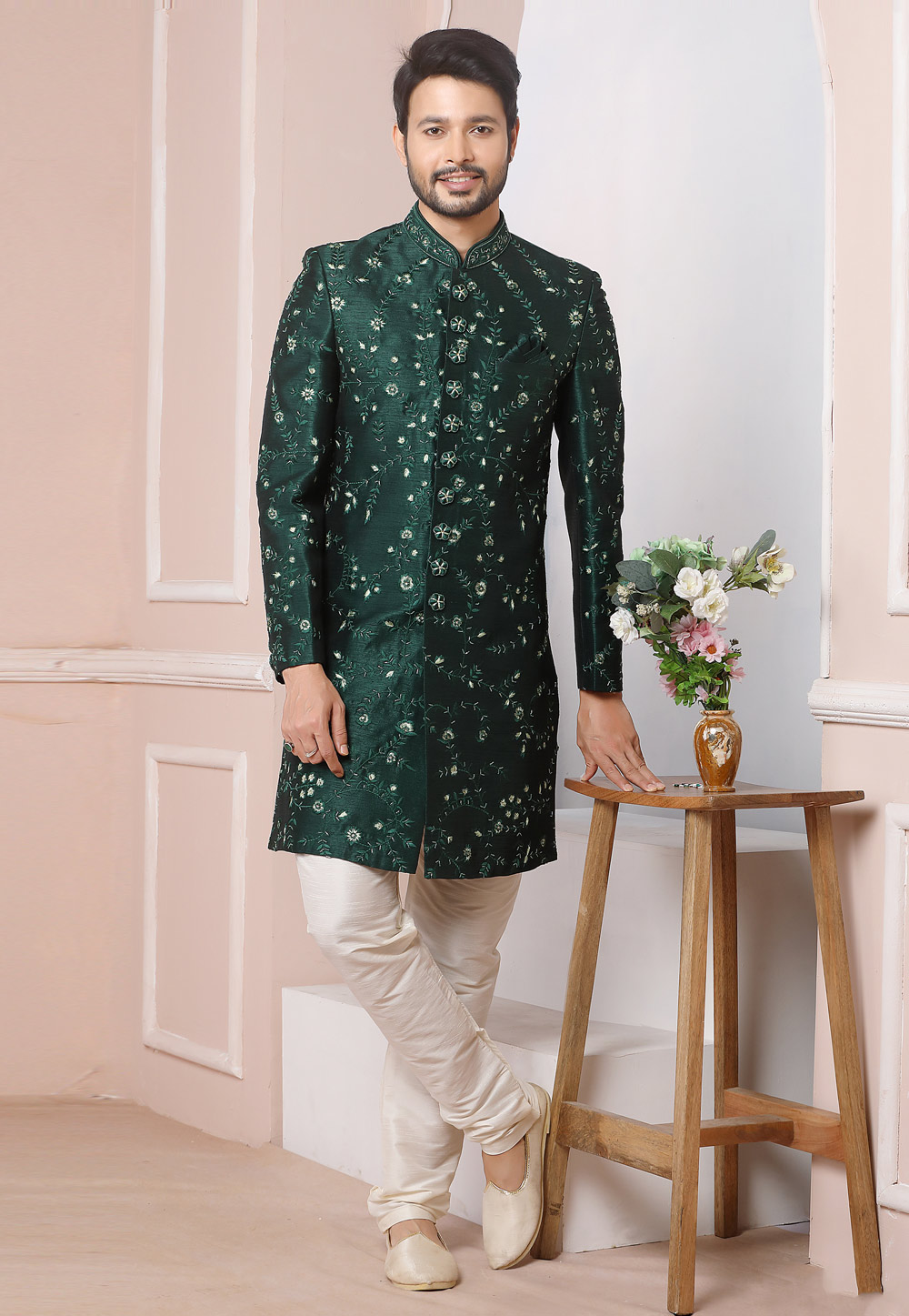 Green Art Silk Indo Western Sherwani 247993