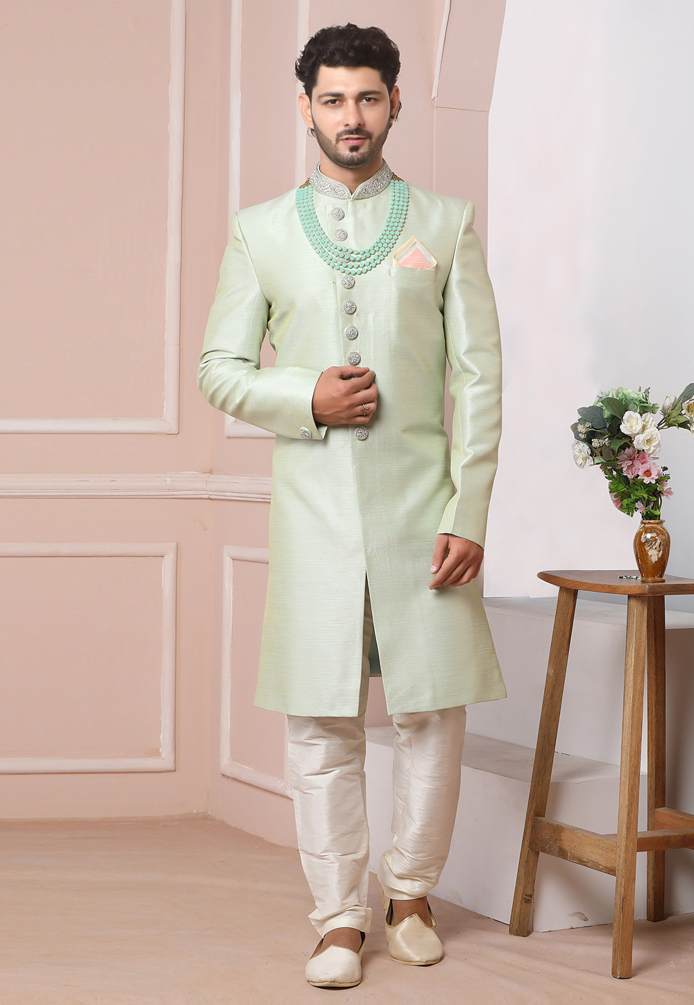 Pista Green Art Silk Indo Western Sherwani 247997