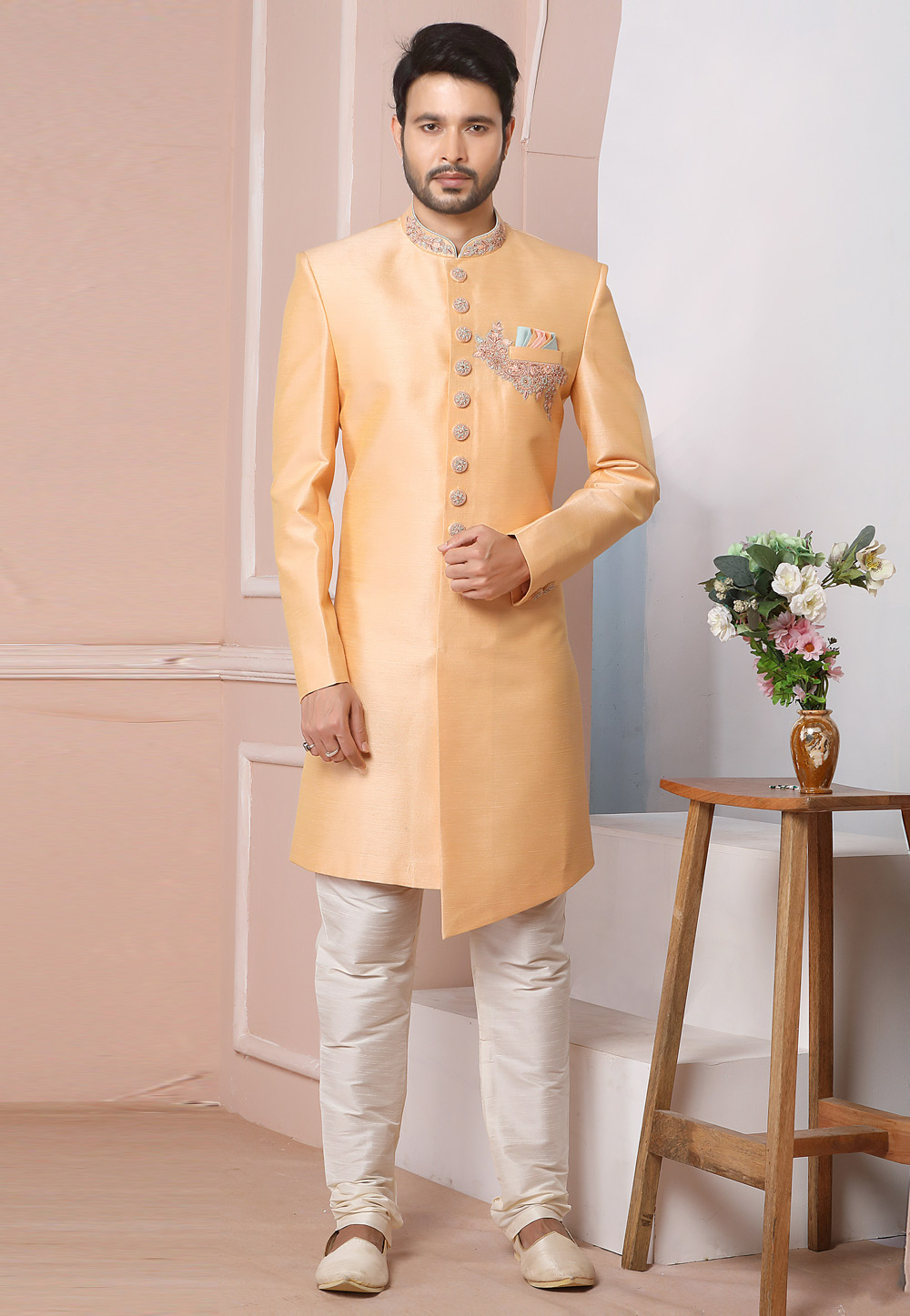 Peach Art Silk Indo Western Sherwani 247999