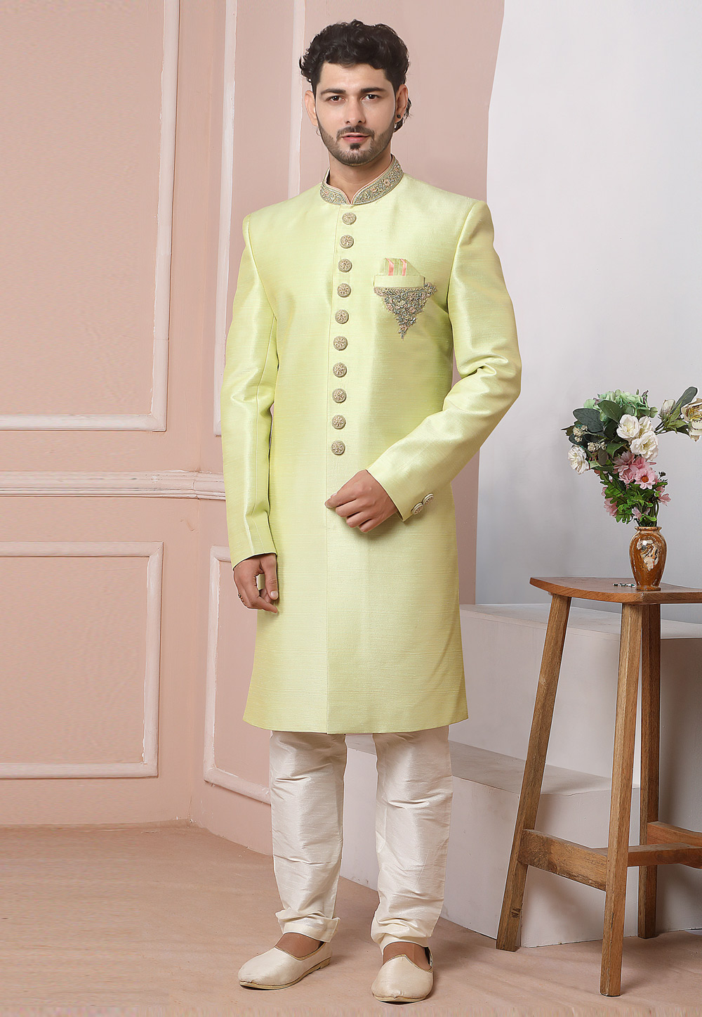 Light Green Art Silk Indo Western Sherwani 248000