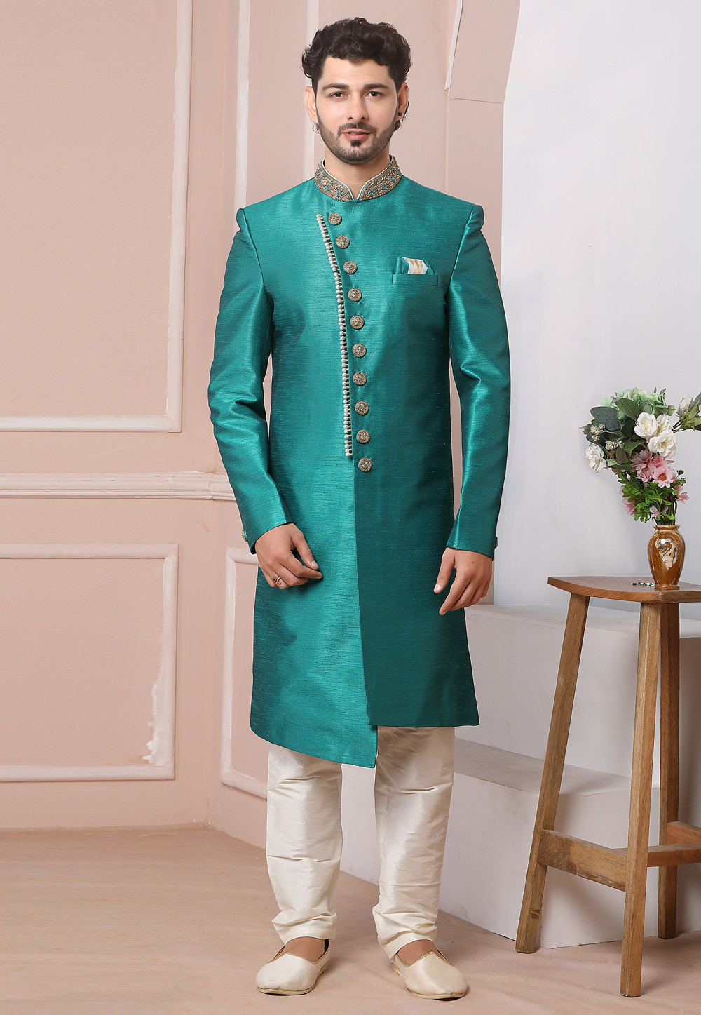 Teal Art Silk Indo Western Sherwani 248001