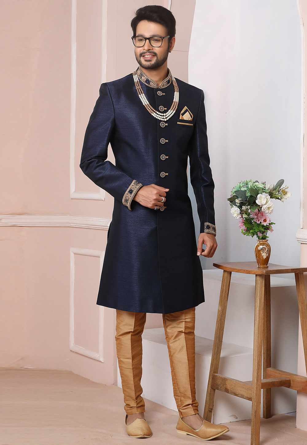Navy Blue Art Silk Indo Western Sherwani 248004