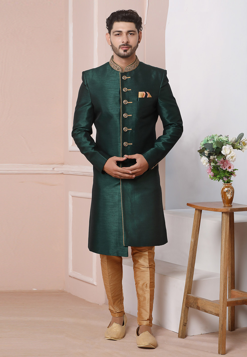 Green Art Silk Indo Western Sherwani 248005