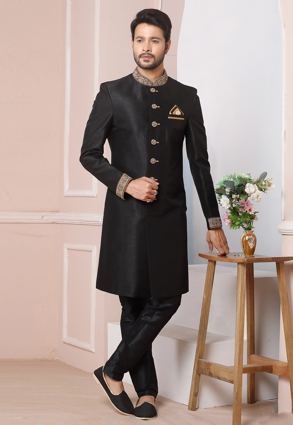 Black Art Silk Indo Western Sherwani 248006
