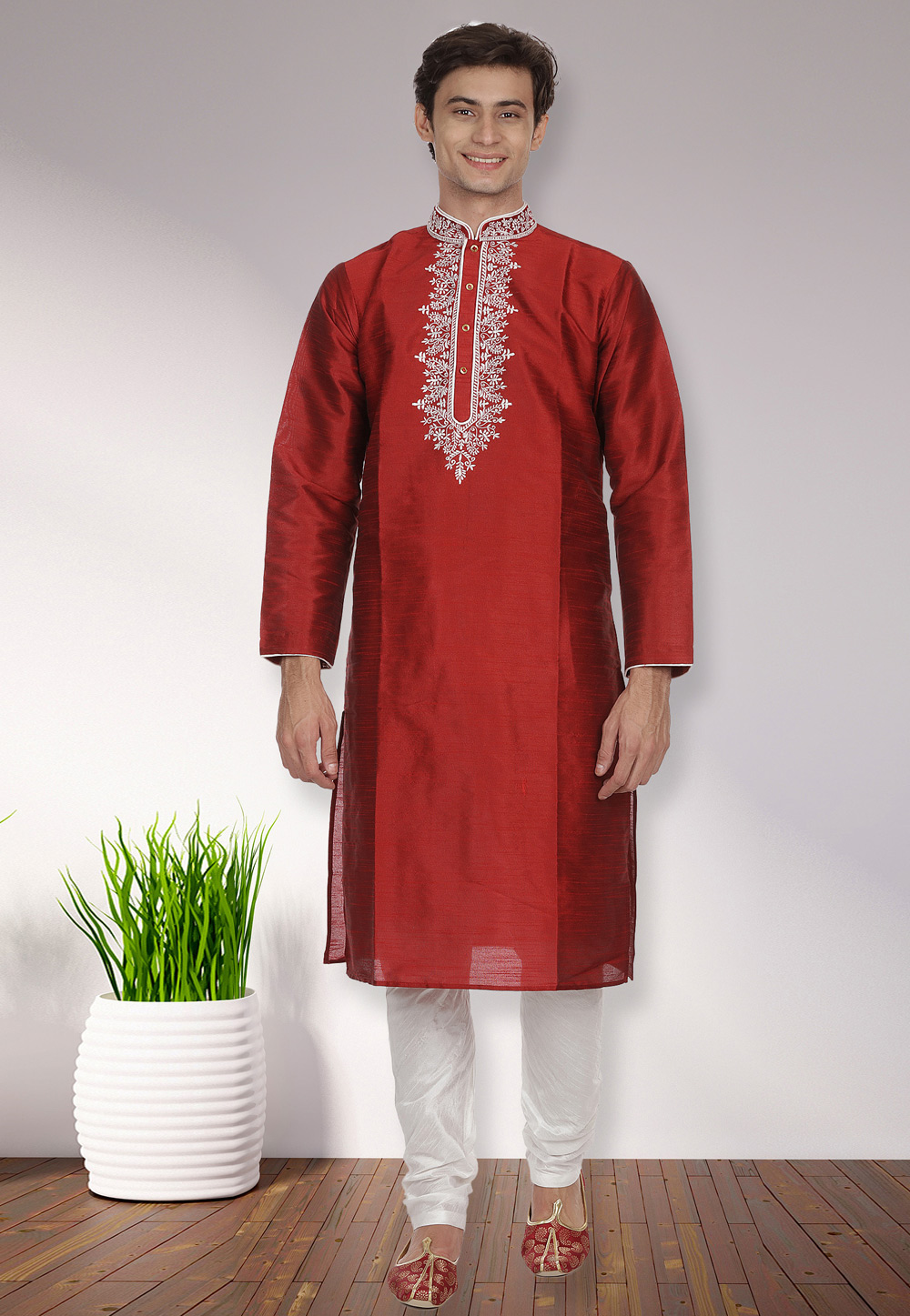 Maroon Dupion Silk Readymade Kurta Pajama 175913