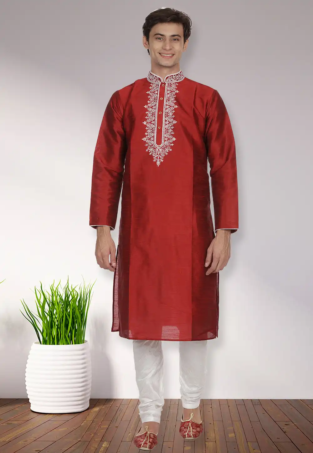 Maroon Dupion Silk Readymade Kurta Pajama 175913