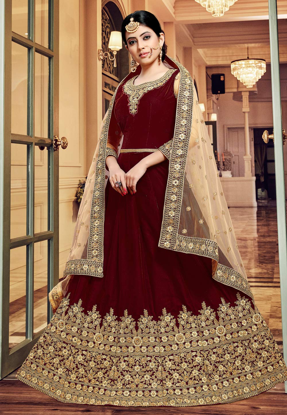 Maroon Velvet Embroidered Floor Length Anarkali Suit 190942