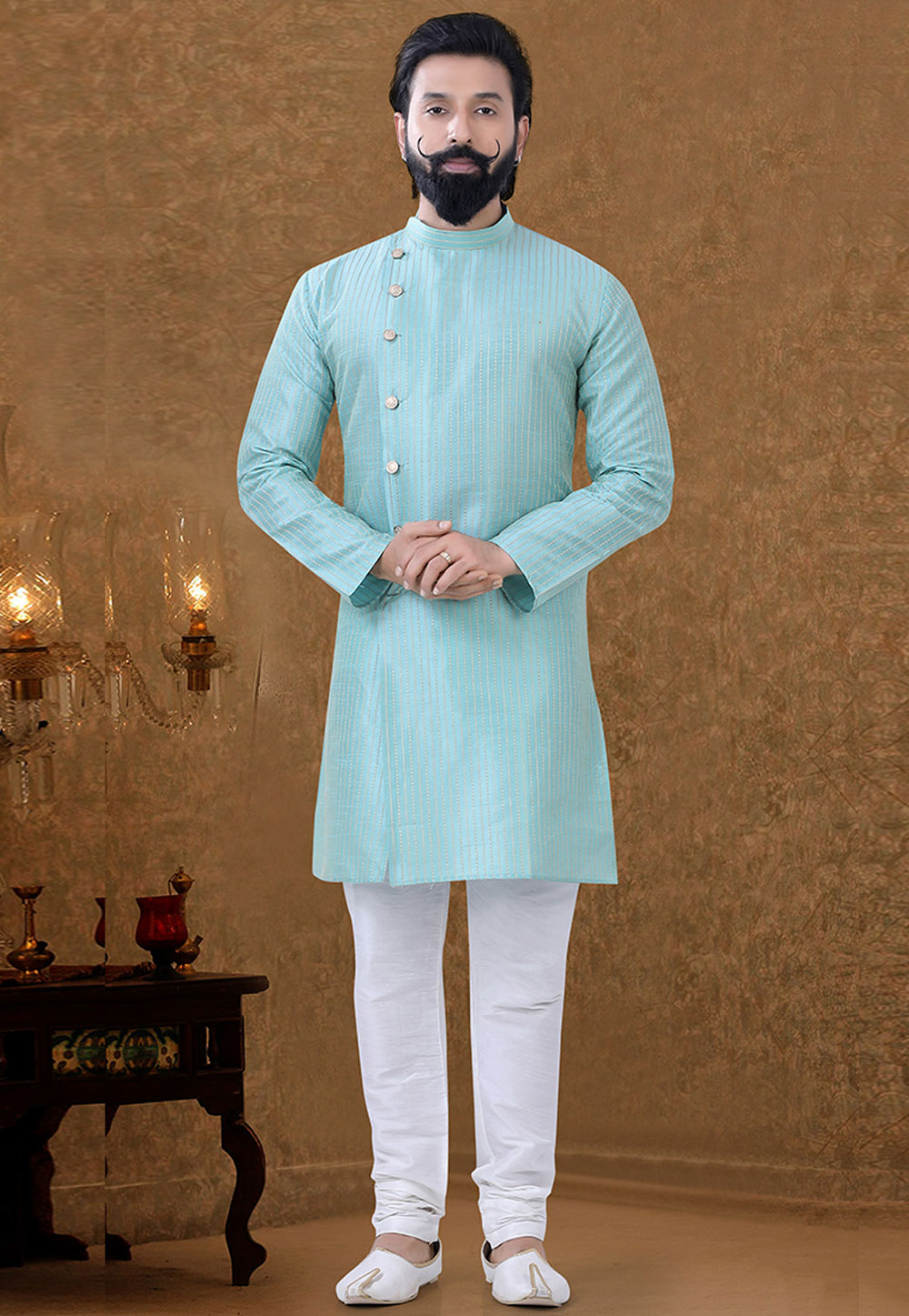 Light Blue Kurta Pajama Punjabi Powder Blue Cotton Silk Kurta Pajama
