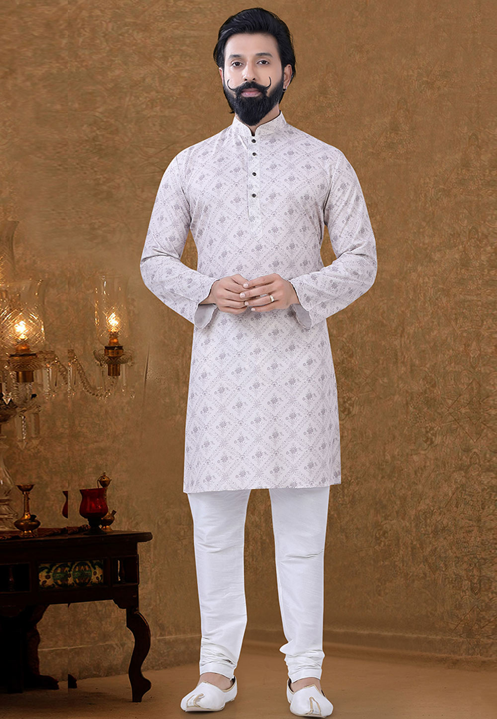 Off White Cotton Kurta Pajama 249016