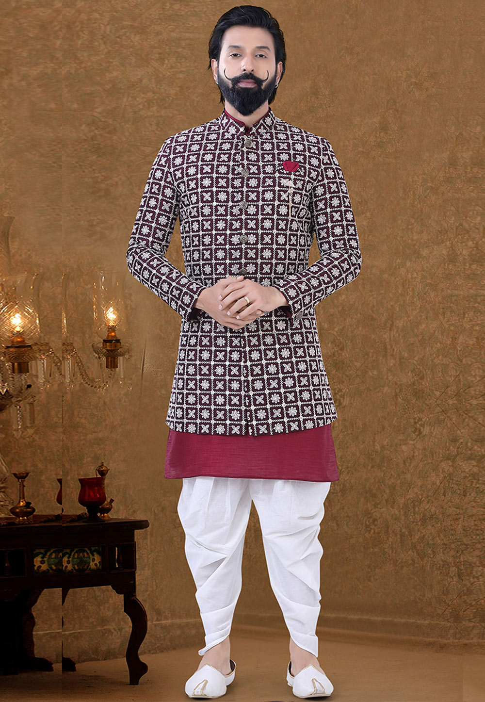 Wine Silk Indo Western Suit 249020
