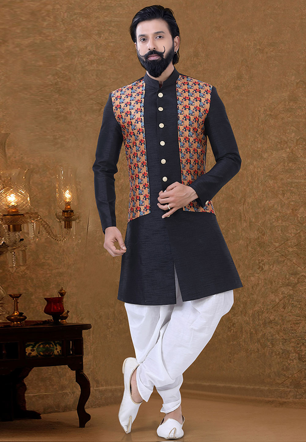 Navy Blue Silk Indo Western Suit 249025