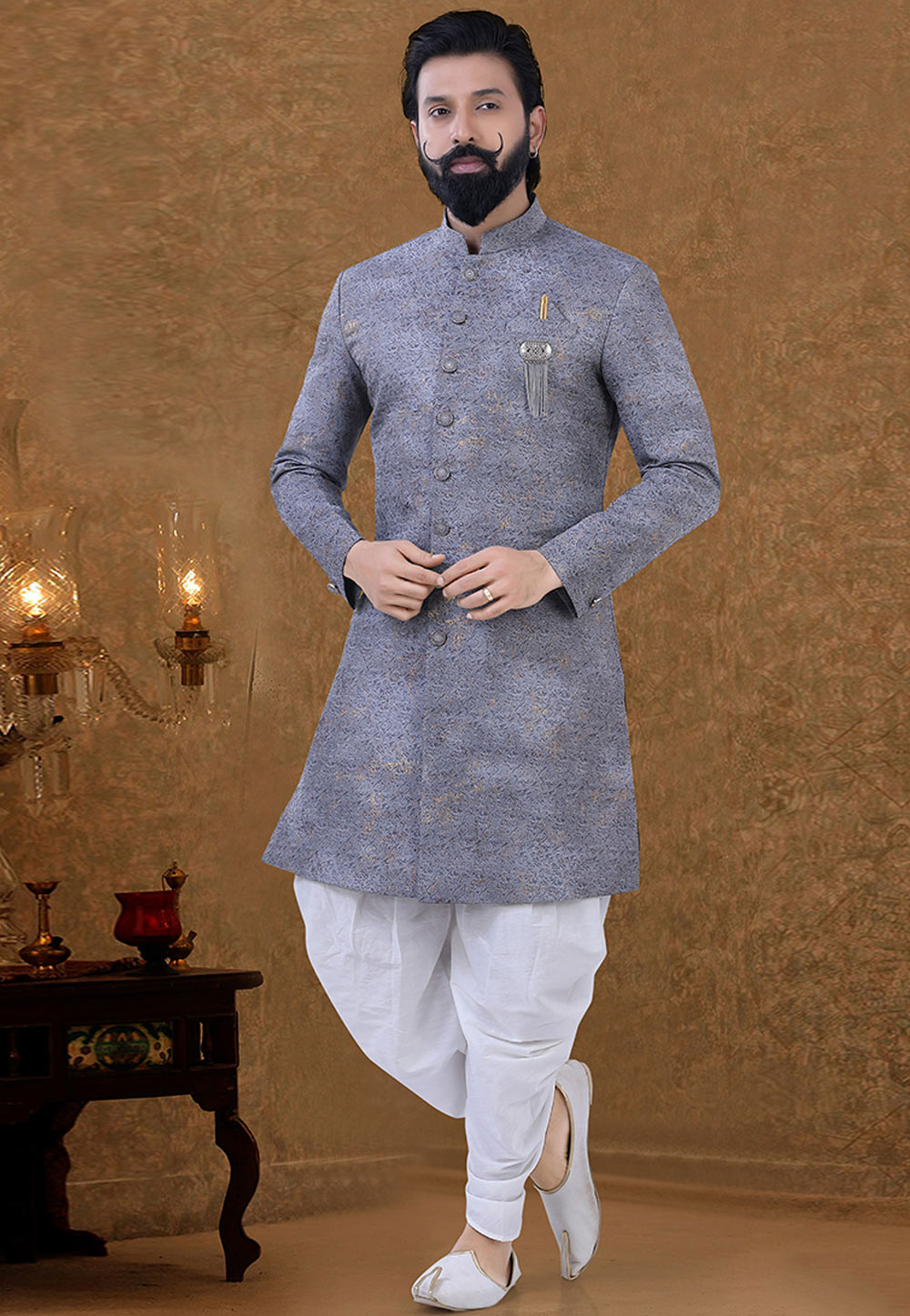 Grey Jacquard Indo Western Suit 249028