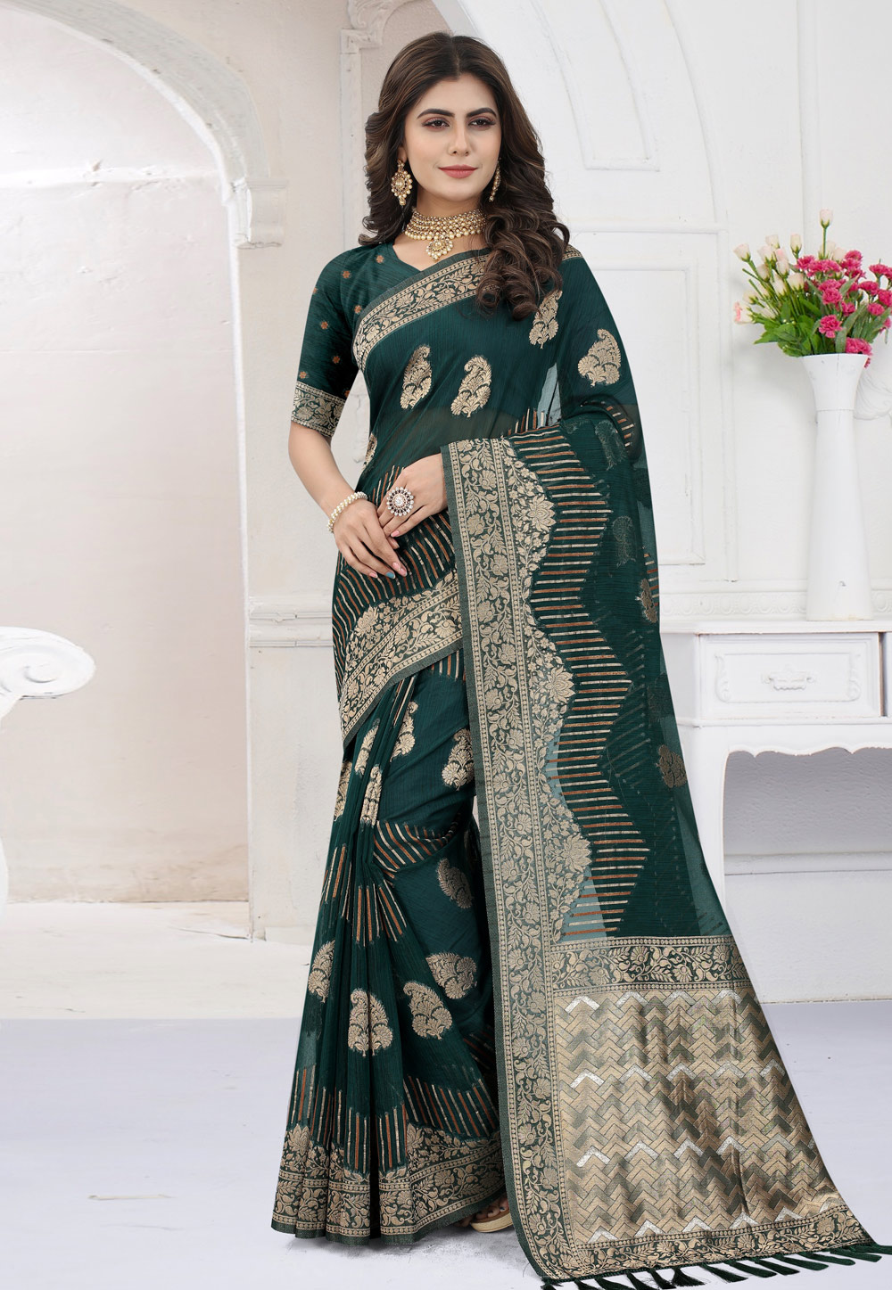 Teal Viscose Saree With Blouse 258376