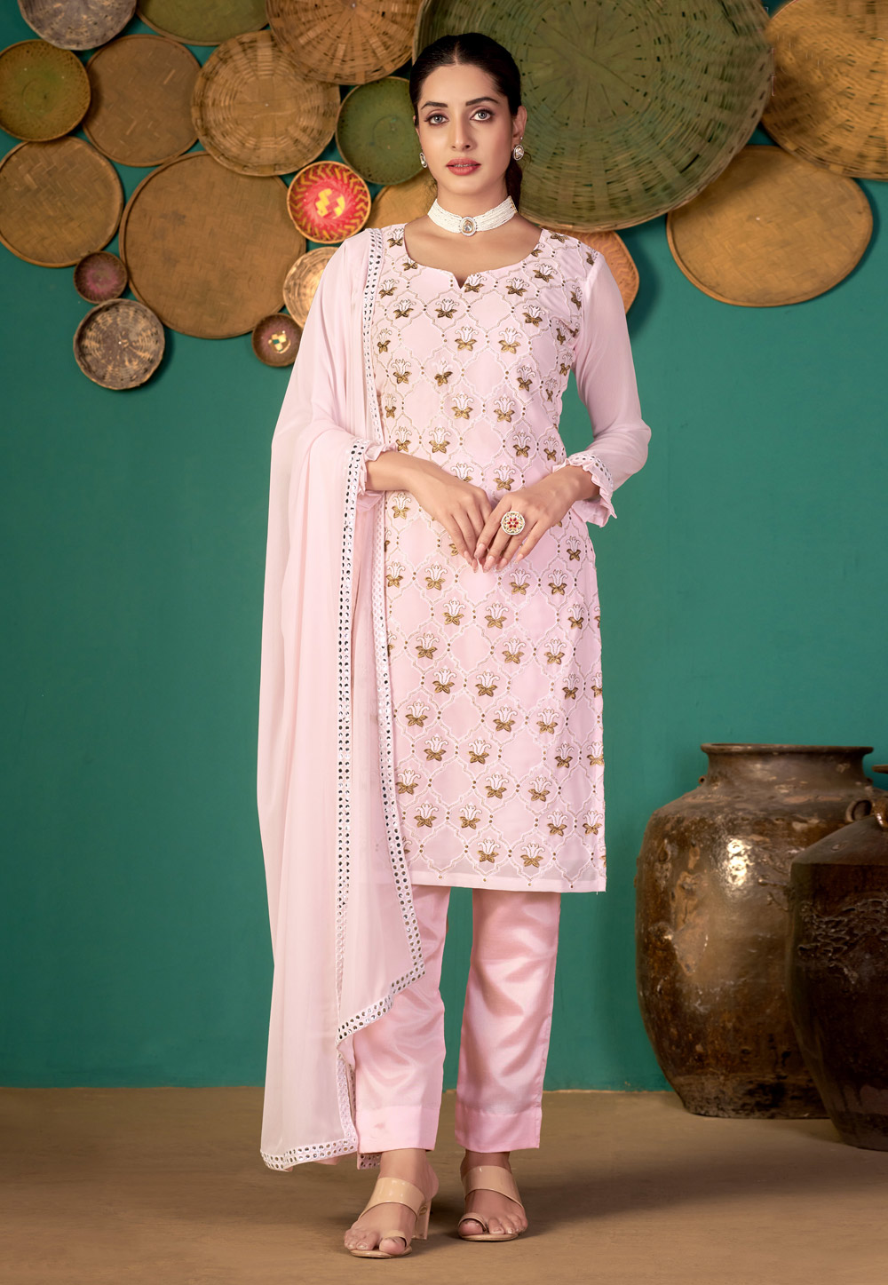 Pink Faux Georgette Pant Style Suit 248306