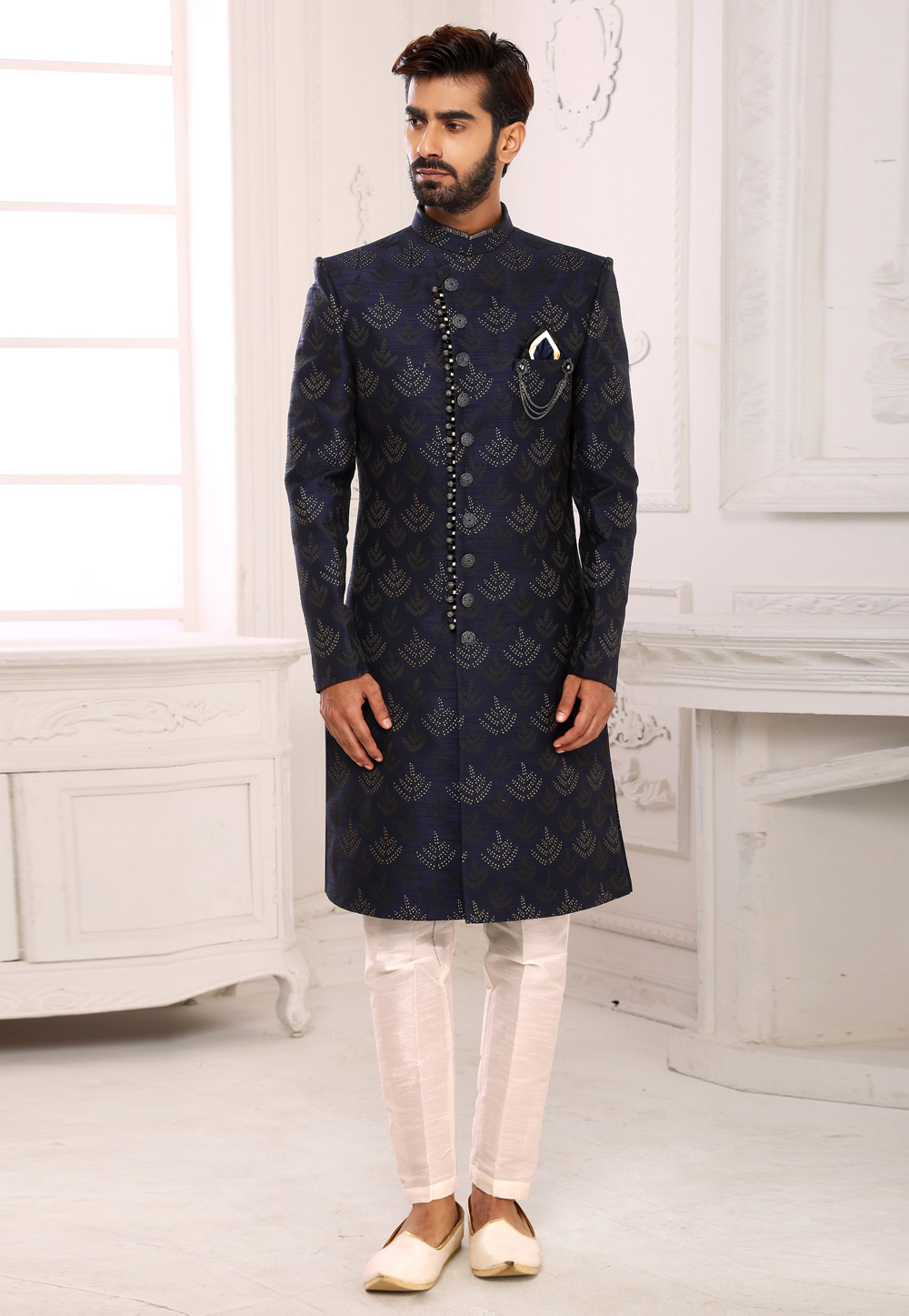 Navy Blue Brocade Indo Western Sherwani 248706