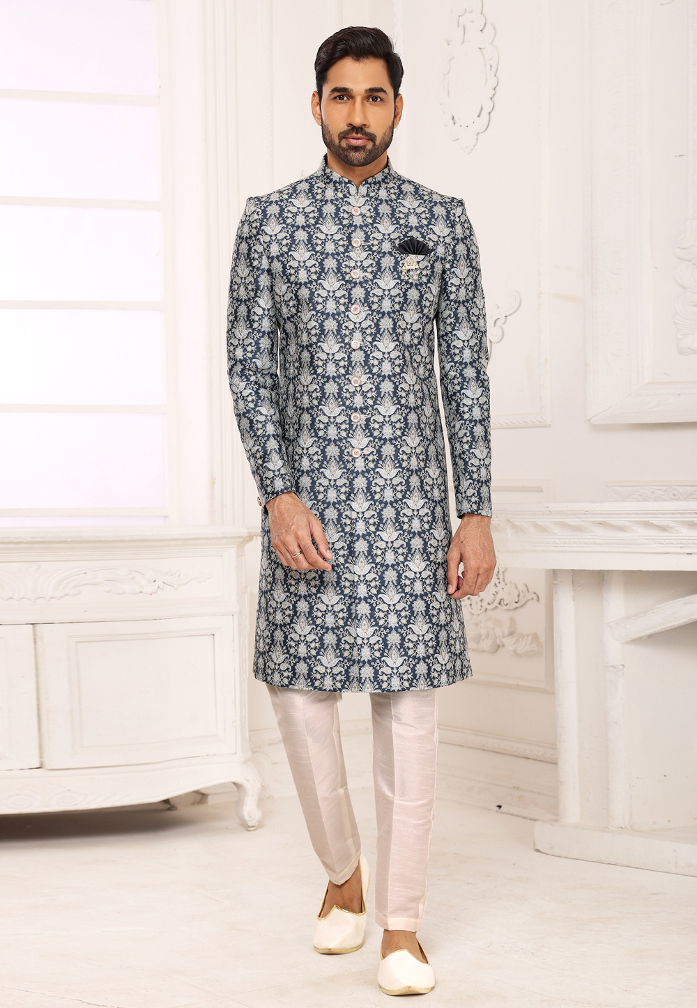 Blue Jacquard Indo Western Sherwani 248709