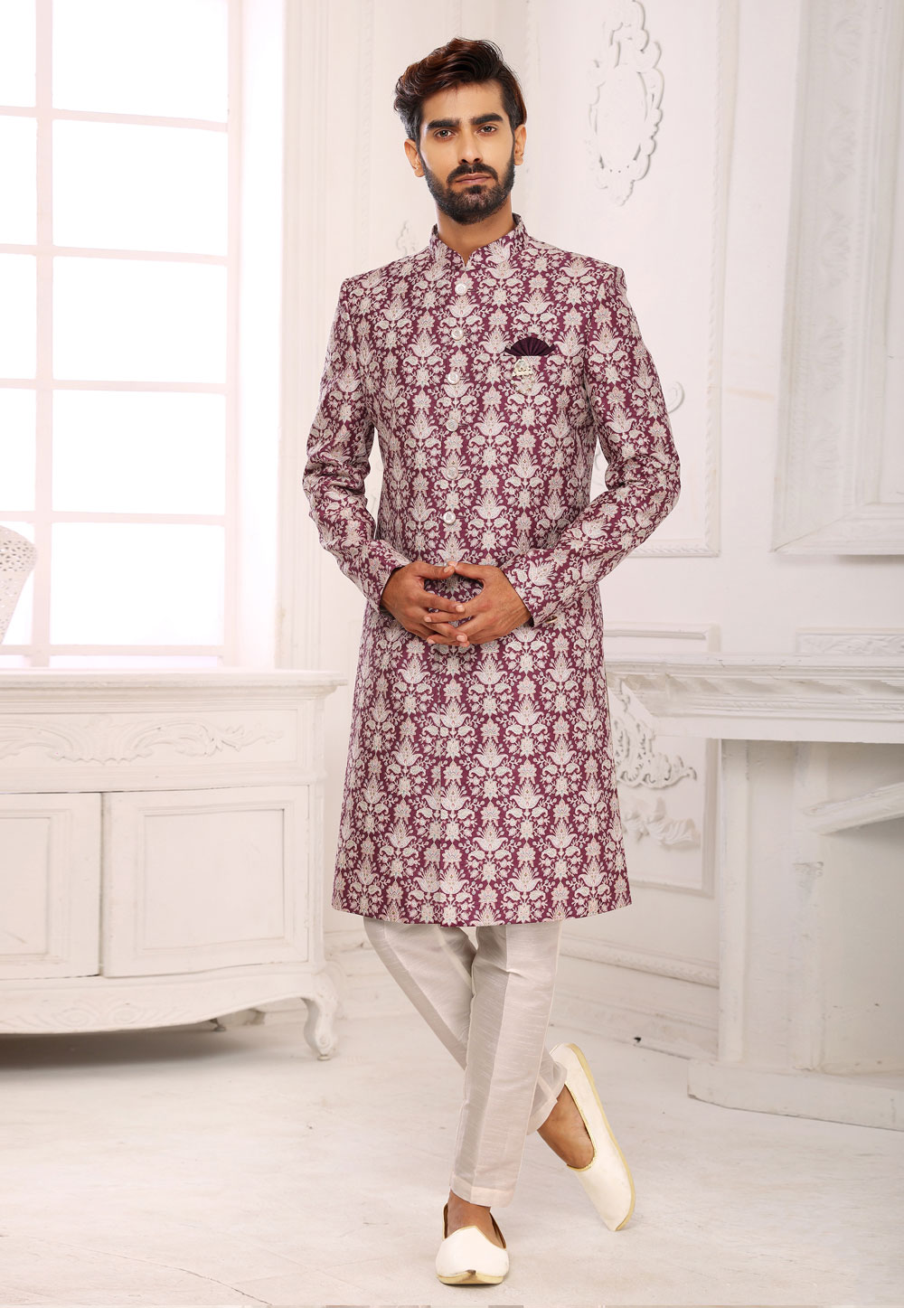Wine Jacquard Indo Western Sherwani 248710