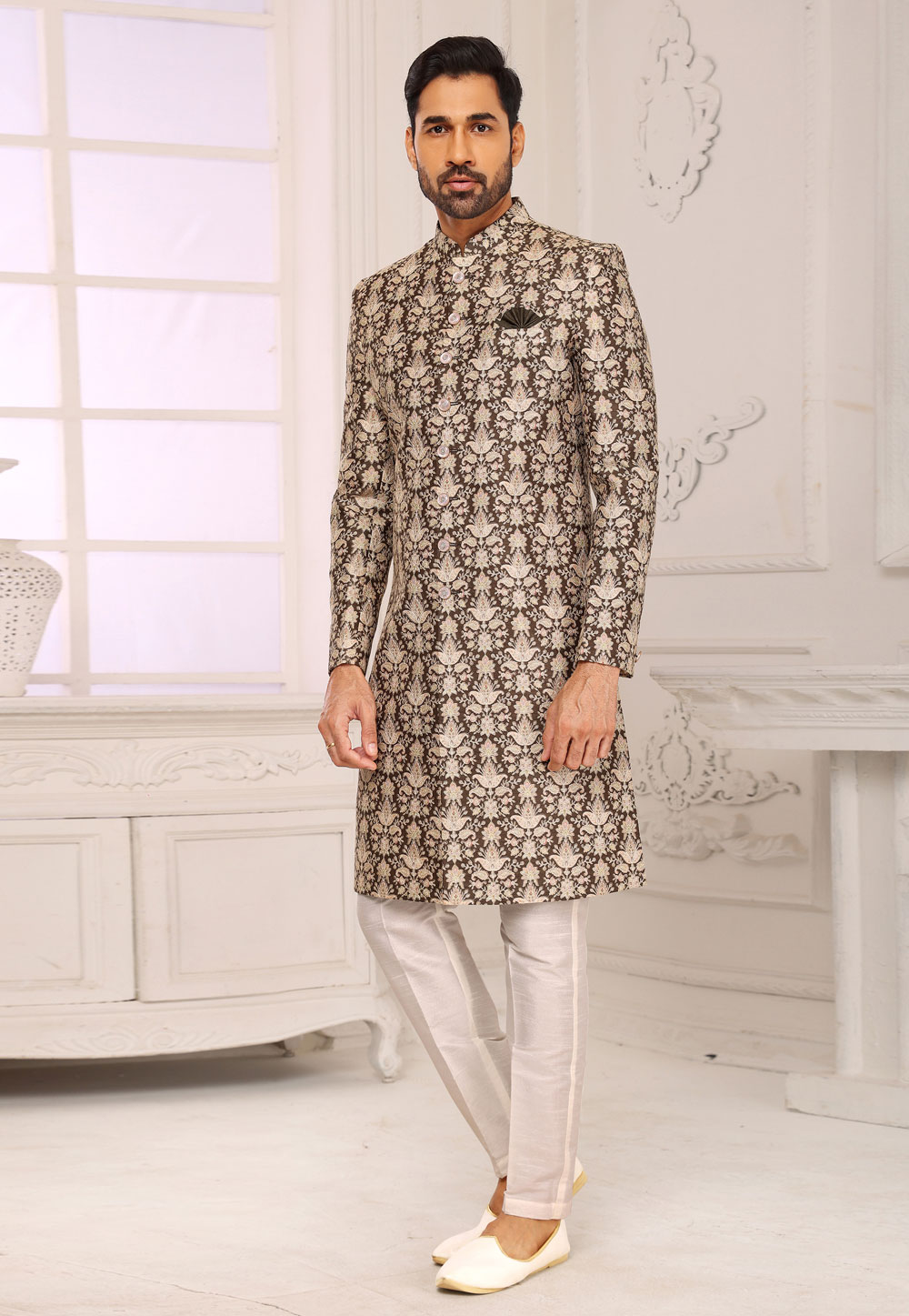 Brown Jacquard Indo Western Sherwani 248711
