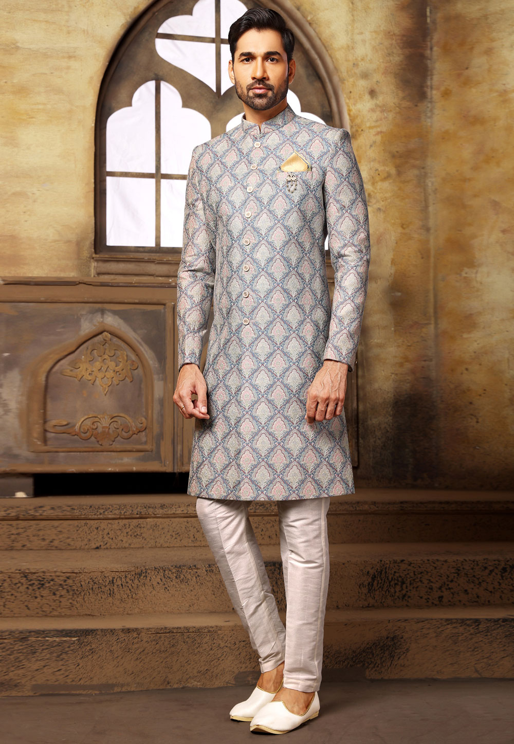 Blue Jacquard Indo Western Sherwani 248712