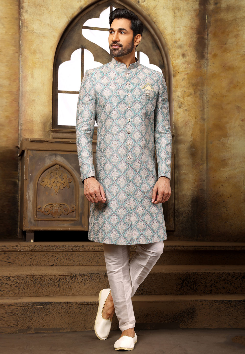 Sea Green Jacquard Indo Western Sherwani 248714