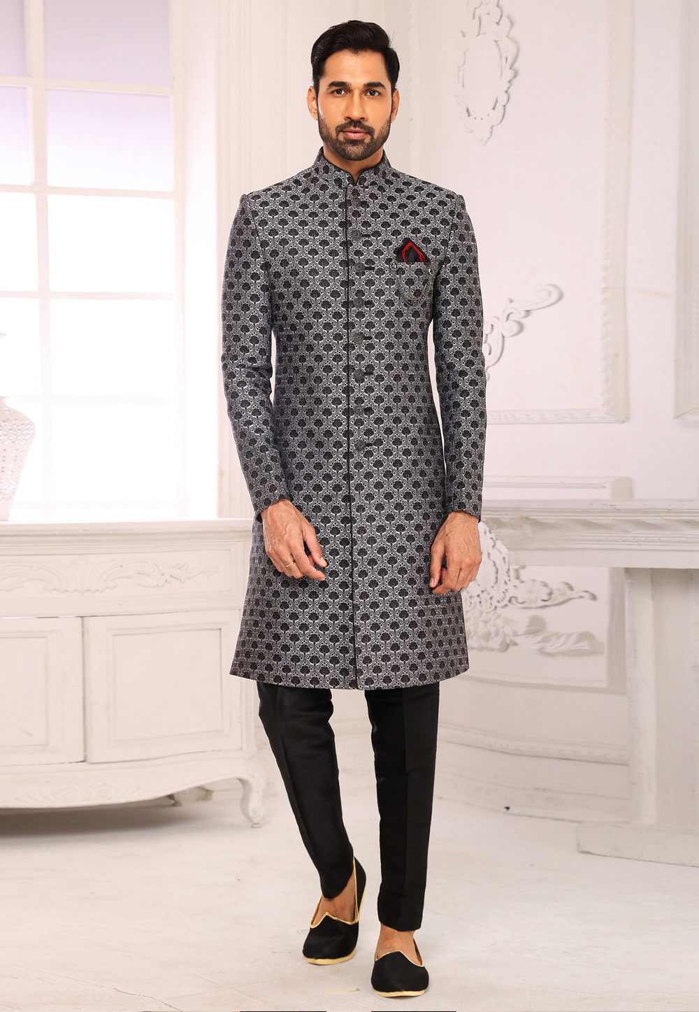 Grey Brocade Indo Western Sherwani 248716
