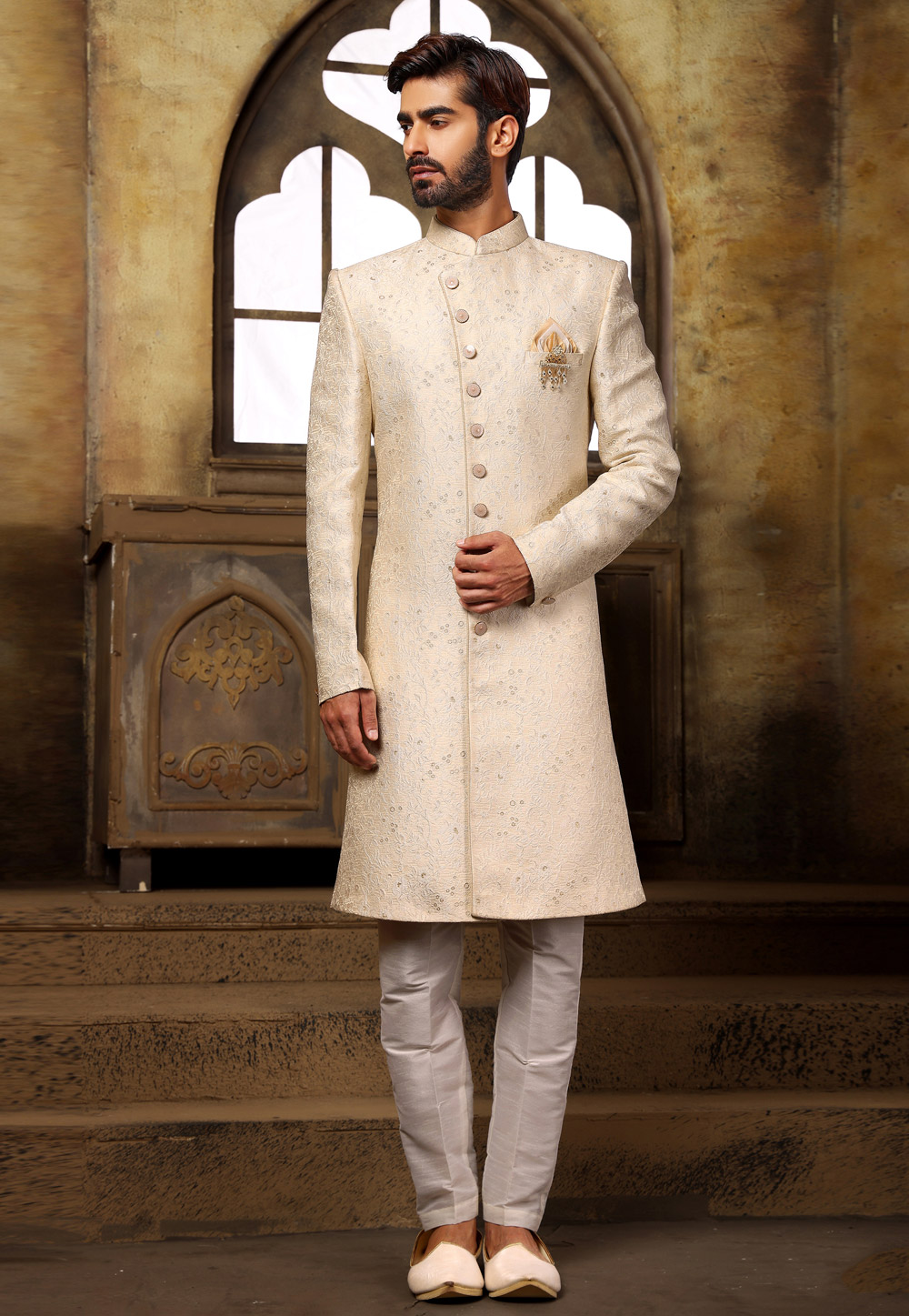 Cream Brocade Indo Western Sherwani 248719