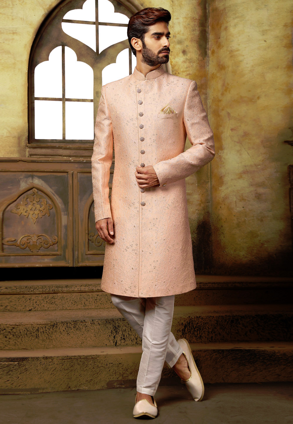 Peach Brocade Indo Western Sherwani 248721