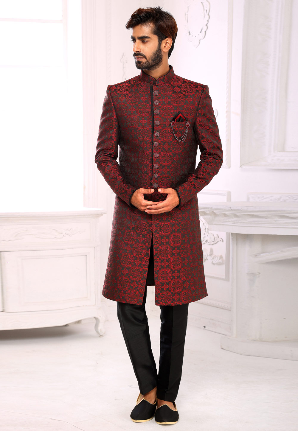 Maroon Brocade Indo Western Sherwani 248723