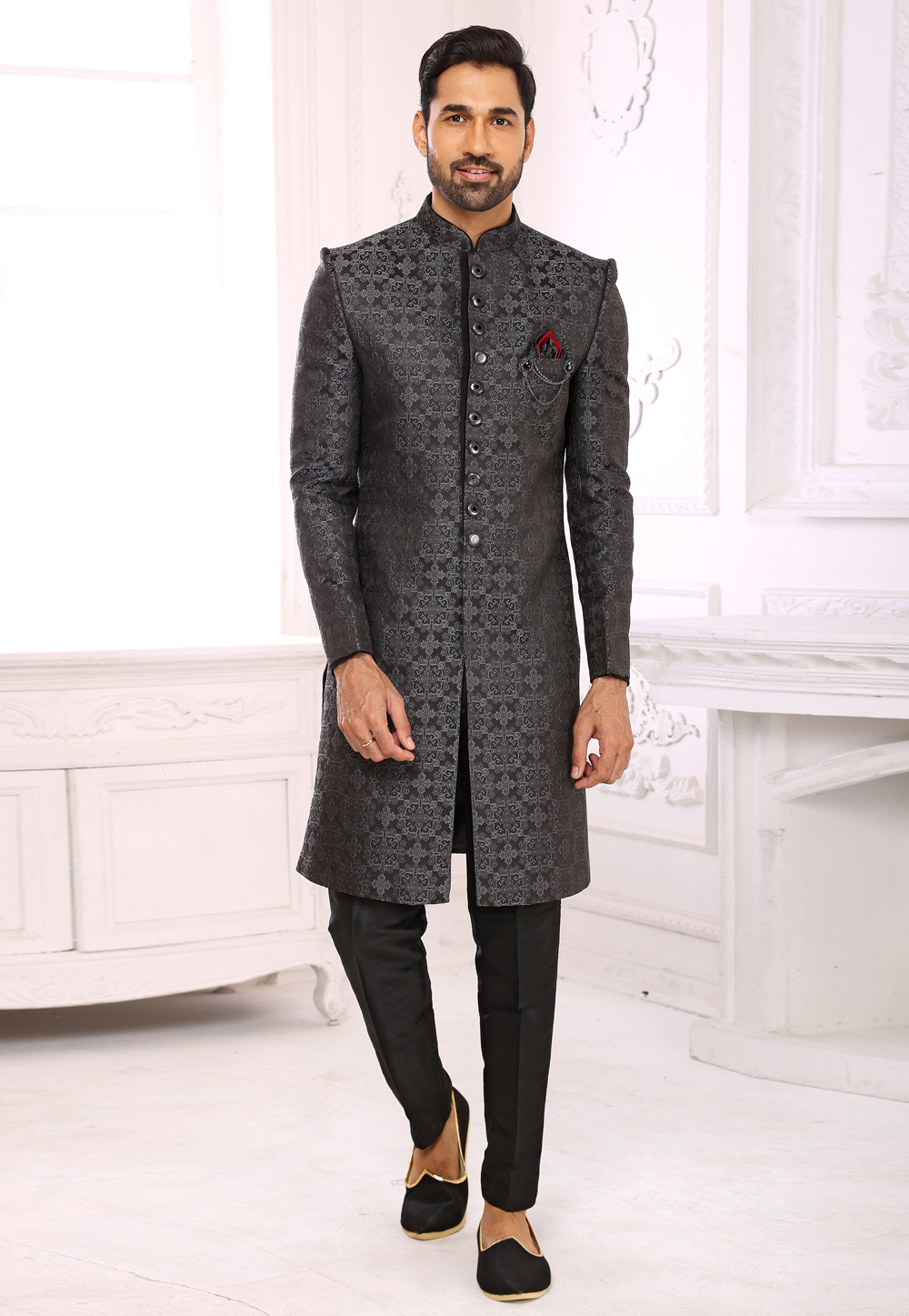 Grey Brocade Indo Western Sherwani 248724