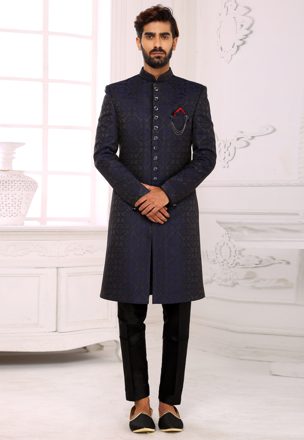 Navy Blue Brocade Indo Western Sherwani 248726