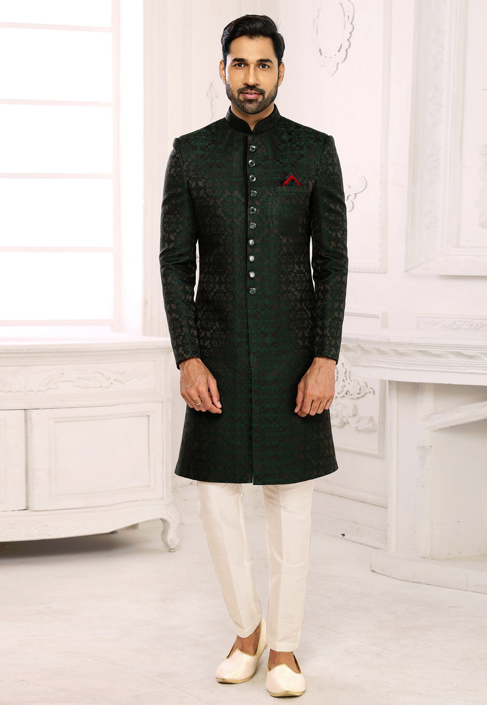 Green Brocade Indo Western Sherwani 248727