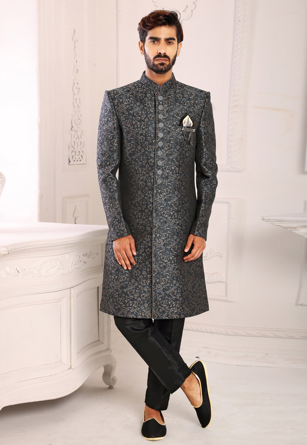 Grey Brocade Indo Western Sherwani 248728