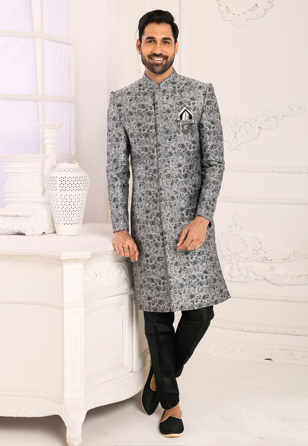 Grey Brocade Indo Western Sherwani 248729