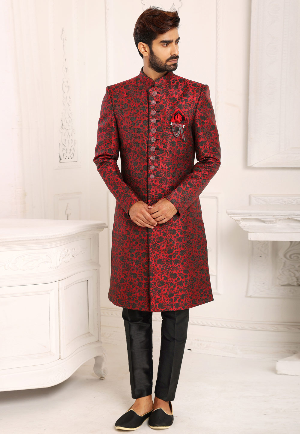 Maroon Brocade Indo Western Sherwani 248730