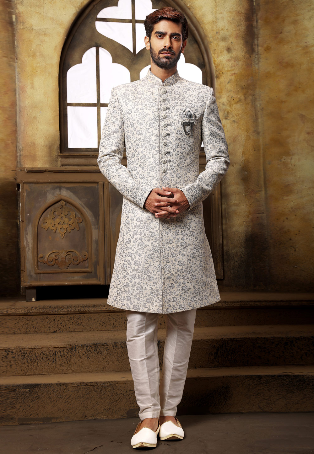 Off White Brocade Indo Western Sherwani 248731