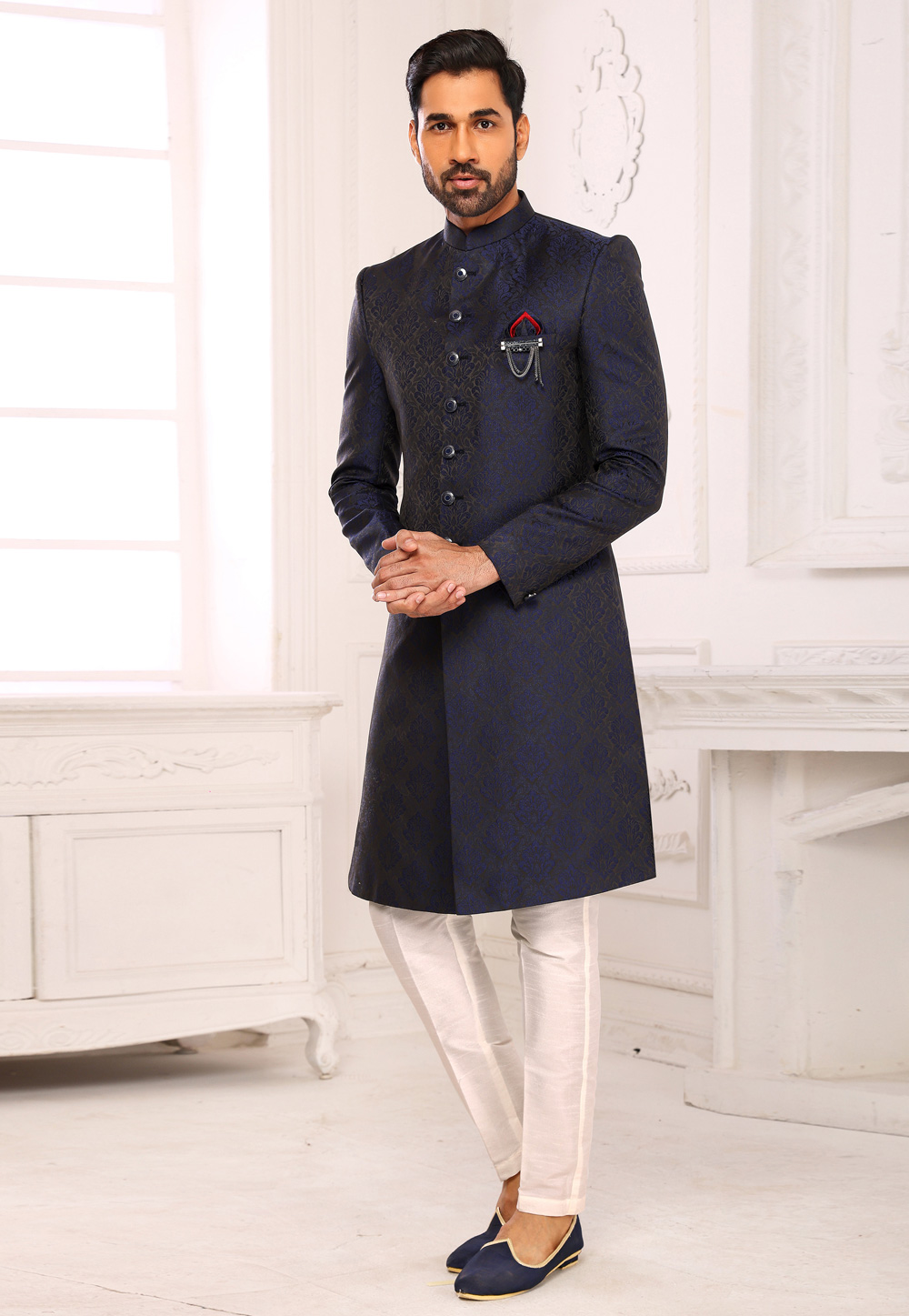 Navy Blue Brocade Indo Western Sherwani 248732